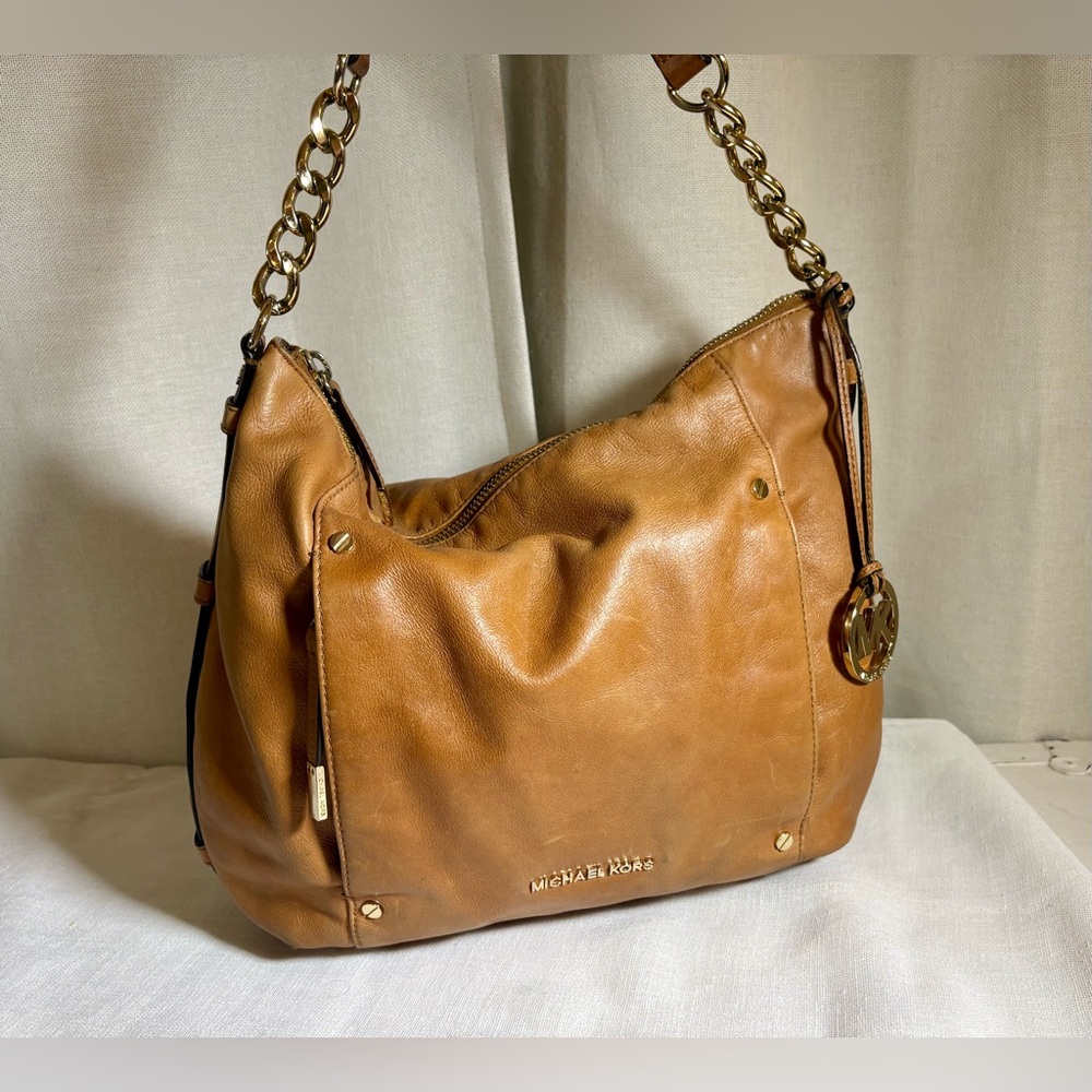 Michael Kors Bedford Large Leather Shoulder Bag Tan Luggage Brown Hobo - Picture 2 of 15